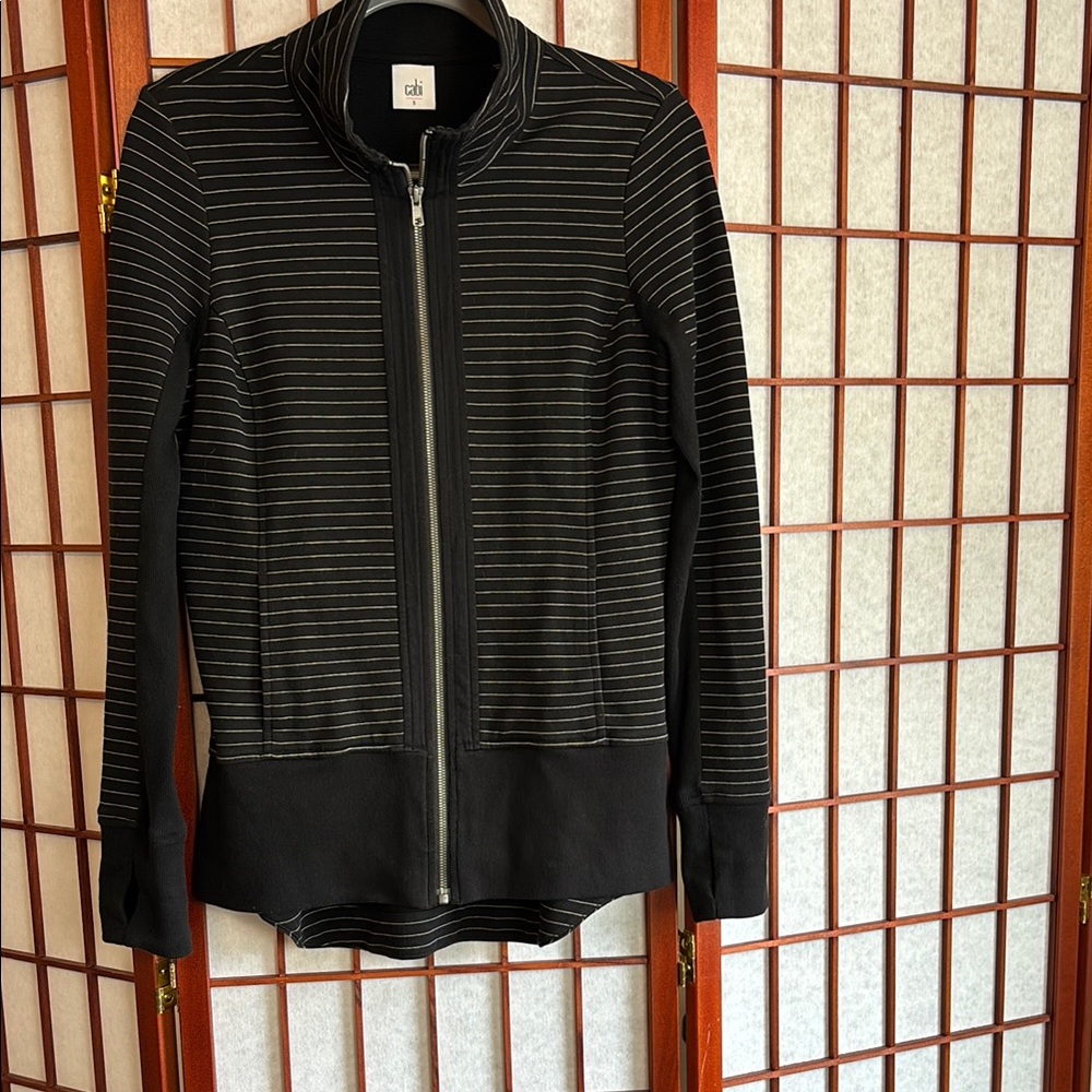 CAbi Black and white Striped Zip-Up Athleisure Knit Bomber Jacket. S